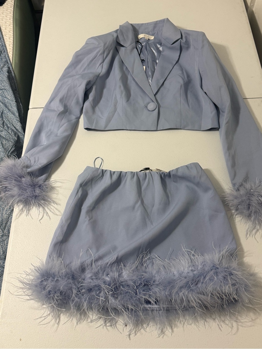 NWT 2PC Blue Gray Feather Trim Blazer Skirt Set Y2K Party Size M